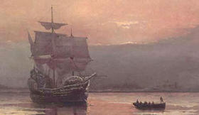 Mayflower en la Bahía de Plymouth (por William Halsall, 1882)