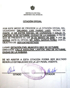 Citación del MININT a Orlando Luis Pardo Lazo.