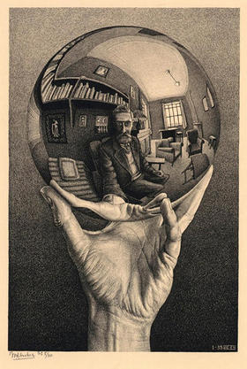 Hand with a Reflecting Sphere (Mano con esfera reflejante), 1935, de M. C. Escher