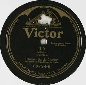 Disco con una grabación antigua de la habanera “Tú”, de Sánchez de Fuentes