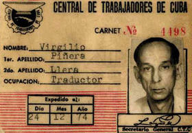 Carné de trabajador de Virgilio Piñera. Este carné aparece reproducido en Habana Memorias, el blog de Rodrigo Kuang.