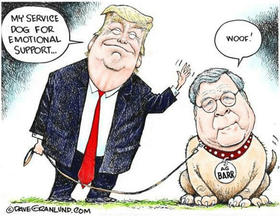 Donald Trump y William Barr, caricatura