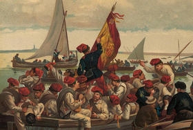 Parte del cuadro del pintor catalán Ramon Padró i Pijoan, que representa el embarque de la primera expedición de voluntarios catalanes hacia La Habana, para combatir contra los insurgentes cubanos