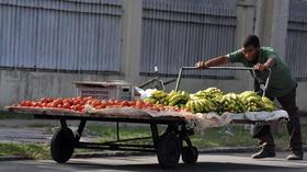 Un vendedor de vegetales empuja su carretilla por una calle de La Habana