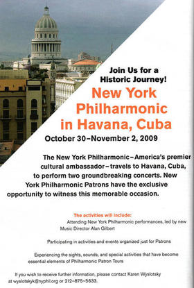 Anuncio de la visita de la Filarmónica de Nueva York a La Habana, en un programa de la orquesta en 2009