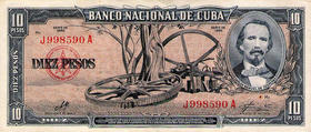 Antiguo billete de 10 pesos en Cuba, anterior al canje de moneda del año 1961