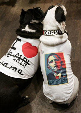 Unos perritos muestran camisetas a favor de Obama, en París el 10 de noviembre de 2008. (AP)