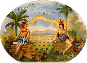 Litografía en caja de tabacos con una imagen, idealizada al extremo, de dos indias en Cuba