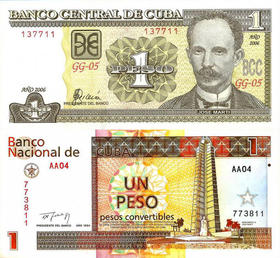 Billetes de 1 en la moneda peso “nacional” (CUP) y en la moneda peso “convertible” (CUC)