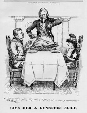 Caricatura que representa a Theodore Roosevelt y Cuba celebrando una cena de Thanksgiving, con el Tío Sam cortando y repartiendo el pavo