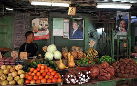 Un hombre vende vegetales en un mercado agrario junto a carteles con las imágenes Fidel Castro (d) y su hermano, el gobernante Raúl Castro (c), en una calle de La Habana
