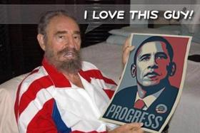 Una foto alterada mostrando a Fidel Castro con un cartel de Barack Obama
