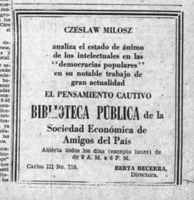 Anuncio publicado el 8 de agosto de 1956 en el periódico habanero El Mundo, sobre el libro El pensamiento cautivo, de Czeslaw Milosz