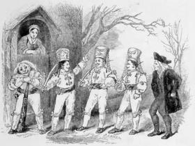Una representación de 1852 de una obra de teatro navideña «moderna». Los personajes son, de izquierda a derecha, Papá Noel, representado como un anciano grotesco, con una gran máscara y una peluca cómica, y un enorme garrote. Hay además tres jugadores y una mujer, que es una espectadora