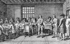 Grabado con el título Hostelero de los sans-culottes en 1790