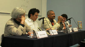 Panelistas participantes en el conversatorio sobre Eliseo Alberto, de izquierda a derecha, Minverva Salado, Ernesto Fundora, Carlos Olivares Baró y Odette Alonso. Foto de Karina Oscoy