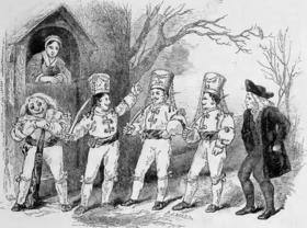 En esta ilustración de una obra de teatro de 1852, el Father Christmas es presentado como una figura grotesca, con una peluca cómica y un garrote en la mano, otros cuatro actores, tres de ellos soldados, y un doctor. La mujer es simplemente una espectadora