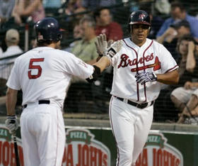 Bárbaro Cañizares (dcha.), durante el Juego de las Estrellas de Triple A en Louisville, el 16 de julio de 2008. (AP)