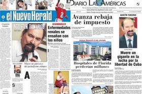 Portadas de los periódicos 'El Nuevo Herald' y 'Diario Las Américas', ambas con el fallecimiento de Tamargo.