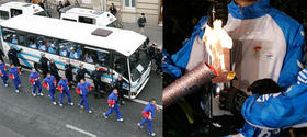 El autobus en el que se refugió la antorcha olímpica (izq.) y la reanudación de la marcha al aire libre (dcha.). (AP)