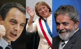 Rodríguez Zapatero, Michelle Bachelet y Lula da Silva, gobernantes socialdemócratas de España, Chile y Brasil, respectivamente.