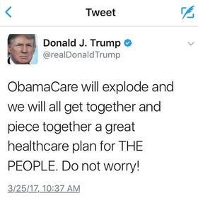 Tuit del presidente Donald Trump, tras conocerse el retiro de la votación de la Cámara de Representantes de la propuesta de ley para sustituir el Obamacare