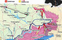 Mapa operativo del sureste de Ucrania donde se inicia la batalla por el Donbás. Se muestra la distancia de 300 kilómetros entre la capital Kiev y la ciudad Poltava para que se tenga una idea de las dimensiones del frente sur que corresponden aproximadamente a 600 kilómetros