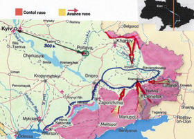 Mapa operativo del sureste de Ucrania donde se inicia la batalla por el Donbás. Se muestra la distancia de 300 kilómetros entre la capital Kiev y la ciudad Poltava para que se tenga una idea de las dimensiones del frente sur que corresponden aproximadamente a 600 kilómetros