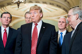 El presidente Donald Trump habla a los reporteros durante su visita al Capitolio para reunirse con los senadores republicanos, el 9 de enero de 2019