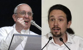 Las fotos independientes del Papa Francisco y el secretario general de Podemos, Pablo Iglesias Turrión, aparecen colocadas juntas aquí solo con fines ilustrativos. Las fotos independientes del Papa Francisco y el secretario general de Podemos, Pablo Iglesias Turrión, aparecen colocadas juntas aquí solo con fines ilustrativos
