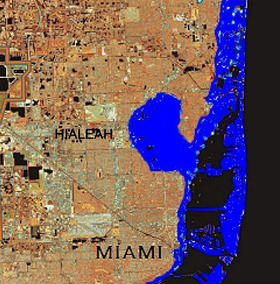 Miami y los posibles efectos futuros del cambio climático. En el mapa se representa en negro el actual nivel de las aguas y en azul el ascenso del nivel en 5,2 pies que se pronostica para 2100