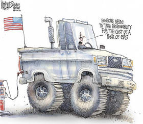 Caricatura sobre el consumidor estadounidense y los precios de la gasolina