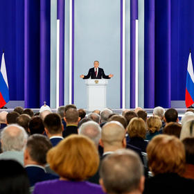 El presidente ruso Vladimir Putin durante su discurso sobre el estado del gobierno en Rusia