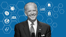 Joe Biden con símbolos de las diferentes áreas que buscará cambiar