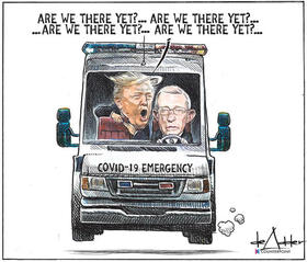 El presidente Donald Trump y el Dr. Anthony Stephen Fauci, caricatura
