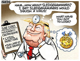 Trump, remedios, coronavirus. Caricatura. Trump, remedios, coronavirus. Caricatura