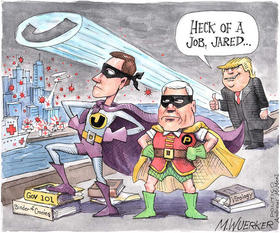 Kushner, Pence, Trump, caricatura. Kushner, Pence, Trump, caricatura