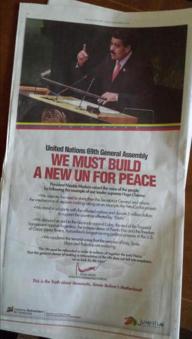 Página pagada en el periódico The New York Times por el gobierno venezolano. Página pagada en el periódico The New York Times por el gobierno venezolano