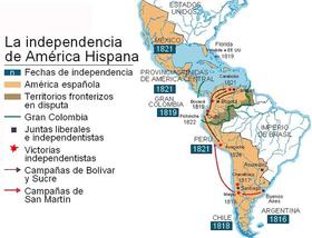 Mapa de Latinoamérica que indica los procesos independentistas.