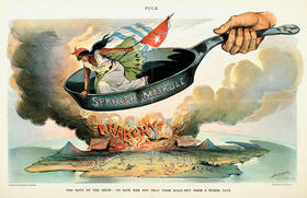 Keppler & Schwarzmann, El deber actual. Para salvarla no solo de España sino de un destino peor. Litografía aparecida en Puck, 1898. (New-York Historical Society.)