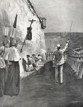 Ejecución de insurrectos cubanos por las tropas españolas, según una ilustración de Liberty The Story of Cuba, de Horatio S. Rubens