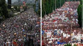 Mayo de 2017. En la imagen de la izquierda, venezolanos durante una manifestación de protesta contra el Gobierno en Caracas. En la imagen de la derecha, cubanos en un desfile de apoyo al régimen de La Habana