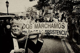 Fotomontaje La conga irreversible y el violinista de Hamelín, de Geandy Pavón