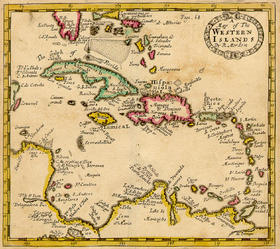Mapa antiguo donde aparece Cuba y otras islas del Caribe
