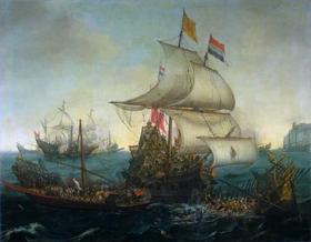 Buques holandeses destruyen galeras españolas frente a las costas de Flandes, el 3 de octubre de 1602. Buques holandeses destruyen galeras españolas frente a las costas de Flandes, el 3 de octubre de 1602
