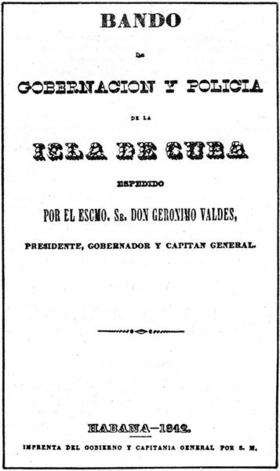 Bando de 1842, donde aparece el Reglamento de Esclavos