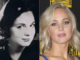 Montaje fotográfico con las imágenes de Marita Lorenz (1959) y la actriz Jennifer Lawrence