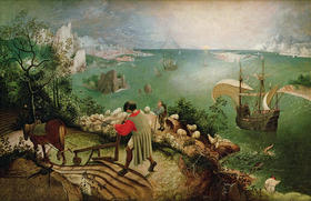 Paisaje con la caída de Ícaro. Durante mucho tiempo se pensó que era obra de Pieter Brueghel el Viejo, aunque en la actualidad existen fuertes dudas al respecto. Es probable que se trate de una versión de un original de Brueghel que se ha perdido