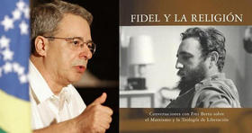 El fraile brasileño Frei Betto y la portada de su libro sobre Fidel Castro