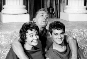 Tres de los protagonistas de la película Espartaco, Tony Curtis, Kirk Douglas y Jean Simmons